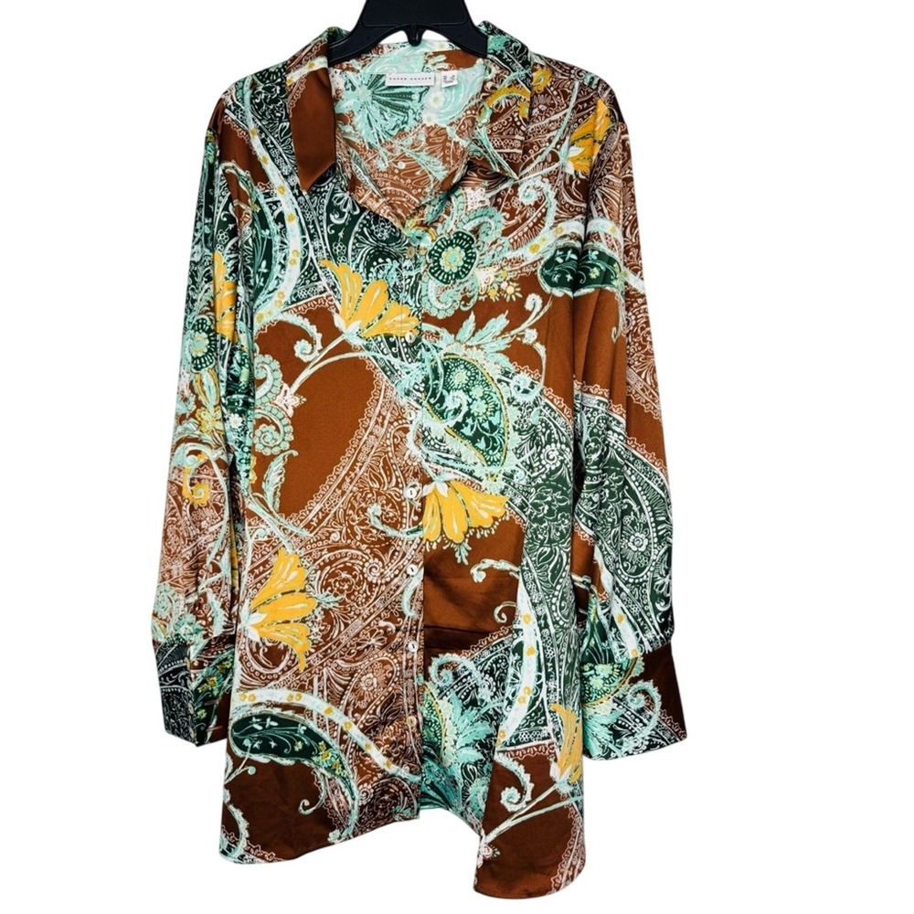 Susan Graver Womens Button Down Shirt 1X Paisley Colorful Maximalist Casual